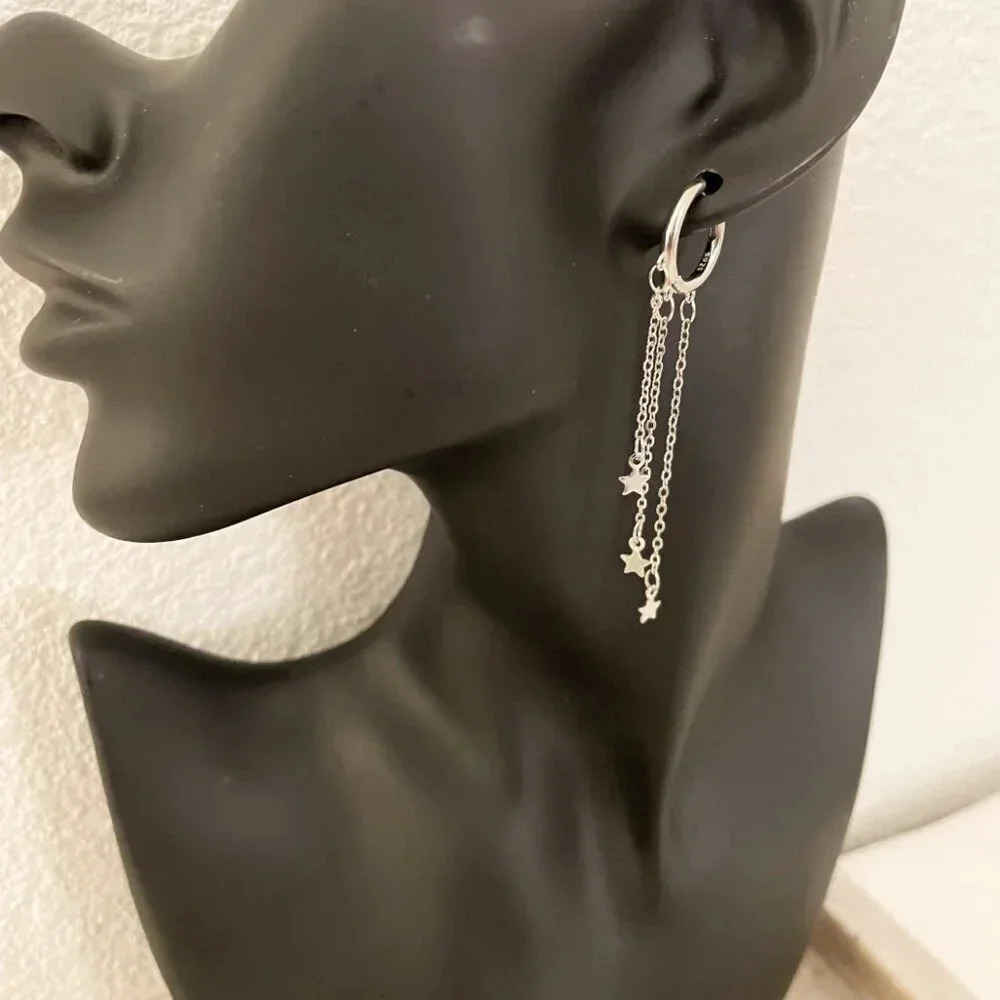 925 Sterling Silver Star Huggie Earrings Dangle Star Drop Earrings Hoop Huggies - Picture 5 of 6